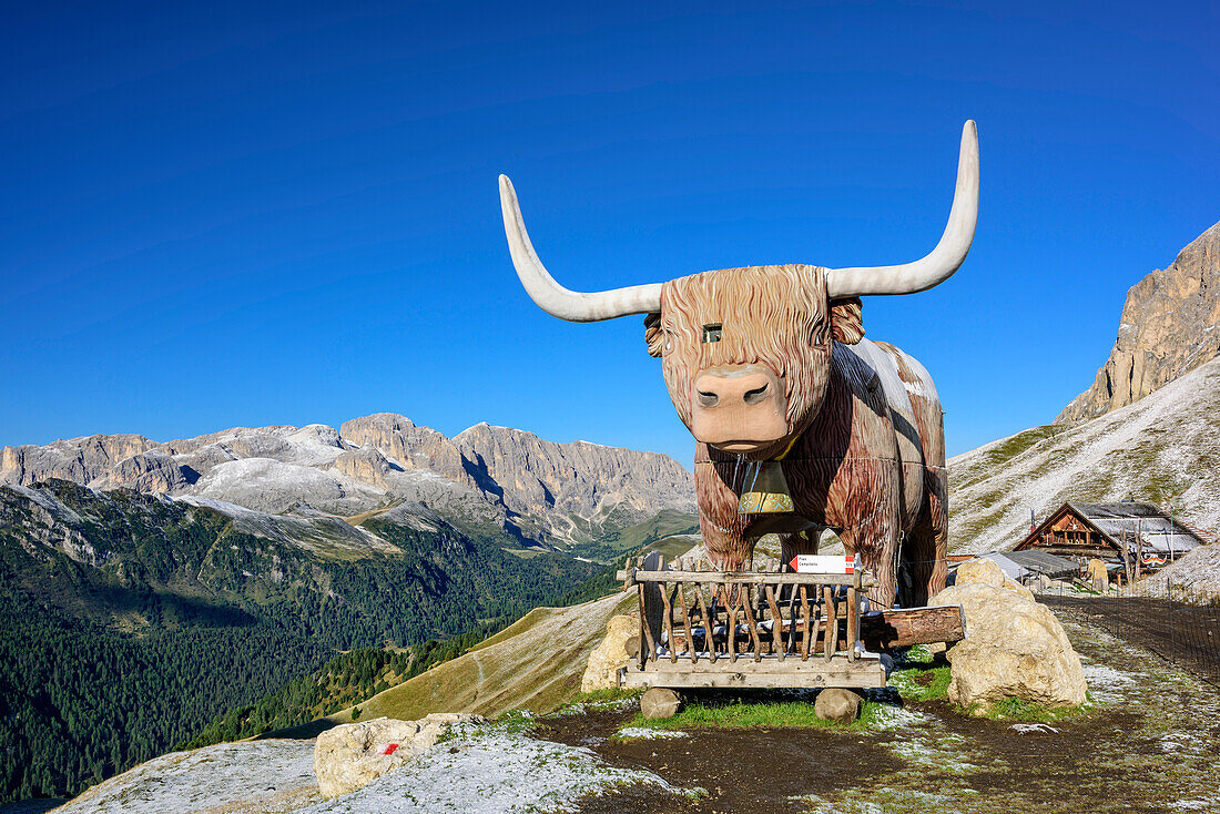 Figur eines Schottischen Hochlandrinds mit Rosengartengruppe im Hintergrund, Friedrich-August-Hütte, Friedrich-August-Weg, Langkofelgruppe, Dolomiten, UNESCO Weltnaturerbe Dolomiten, Trentino, Italien