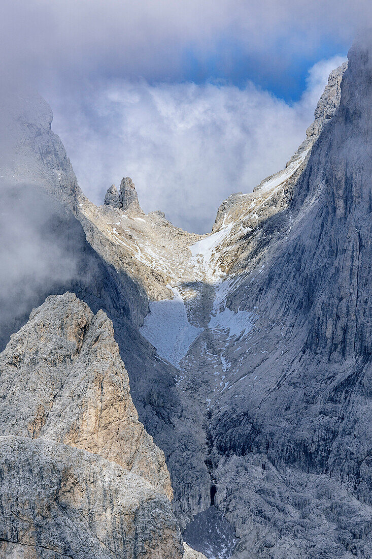 Clouds above Passo del Travignolo, from hut Rifugio Rosetta, Pala range, Dolomites, UNESCO World Heritage Dolomites, Trentino, Italy