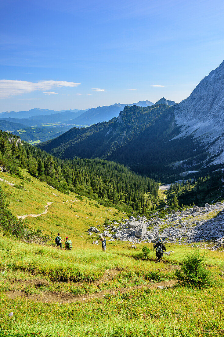 Several persons hiking descending from Schachen, Schachen, Wetterstein range, Werdenfelser Land, Upper Bavaria, Bavaria, Germany