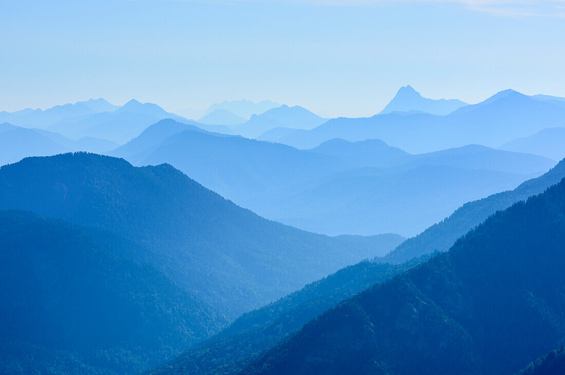 Mountain silhouettes of Kaiser Range and Guffert, from Ettaler Manndl, Ammergauer Alps, Upper Bavaria, Bavaria, Germany