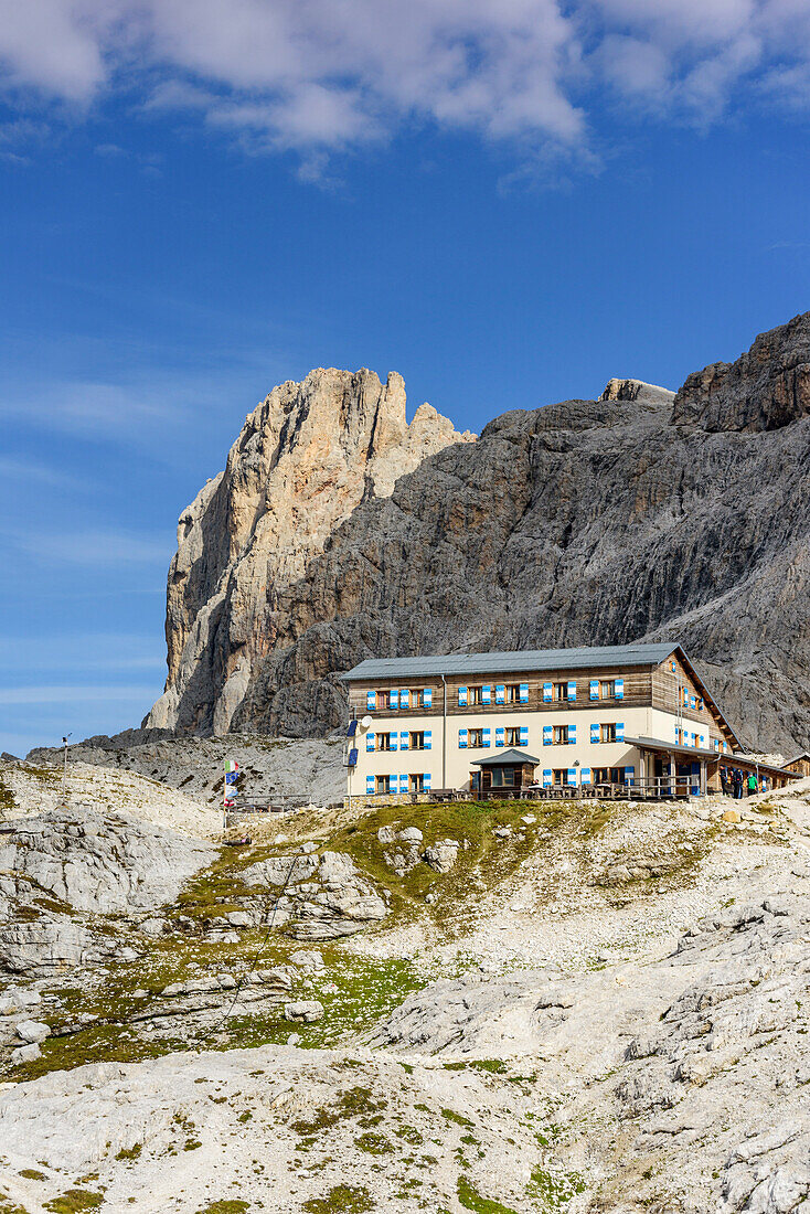 Hut Rifugio Rosetta with Cimon della Pala in background, Pala range, Dolomites, UNESCO World Heritage Dolomites, Trentino, Italy