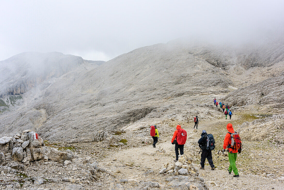 Several persons hiking on Pala plateau, Pala range, Dolomites, UNESCO World Heritage Dolomites, Trentino, Italy
