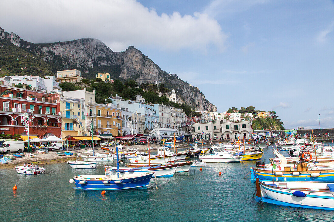 Island of Capri, marina, harbour, boats, tourism, resort, water, Campania, Gulf of Naples, coast, mountains, destination, holiday, picturesque, mediterranean, Italy