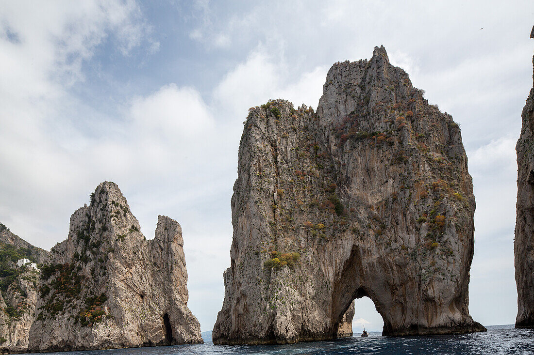 Island of Capri, Faraglioni rock, coast seen from boat, cliffs, tourism, water, Campania, Gulf of Naples, coast, mountains, destination, holiday, picturesque, mediterranean, Campania, Italy
