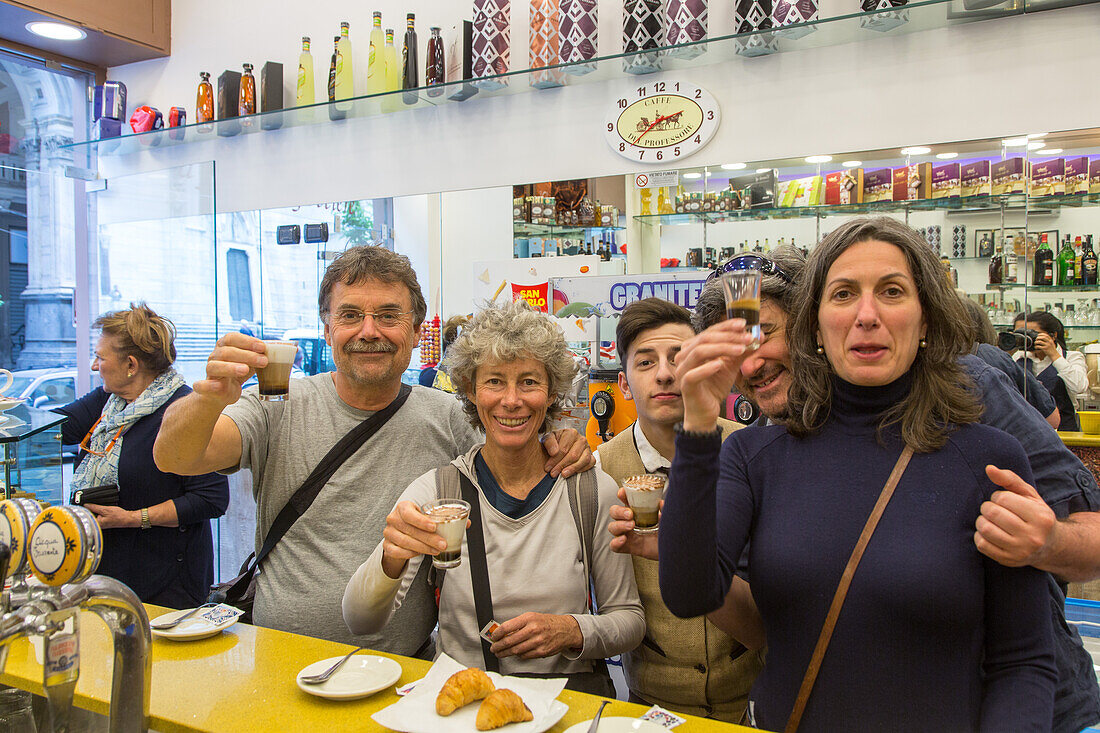 row of espresso drinkers, coffee bar, café, bar, counter, espresso, Naples, Napoli, Campania, Italy