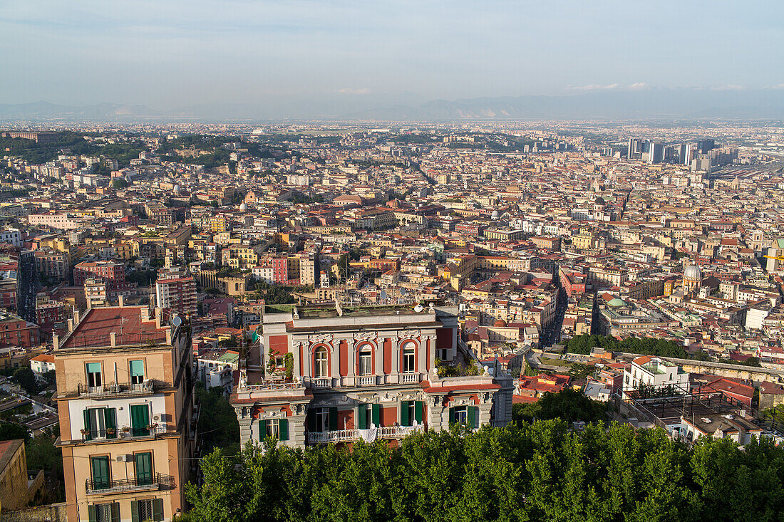 view above Naples, old town, panorama, from, Castel Sant'Elmo, villa, roof terrace, Campania, Naples, Italy
