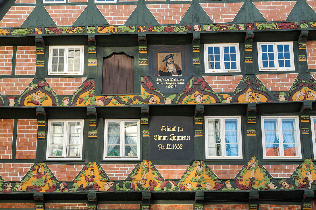 Hoppener Haus, Fachwerkhaus, Architektur, Setzschwellen und Staender, Schnitzereien, Figurenornamentik, Celle, Niedersachsen, Deutschland