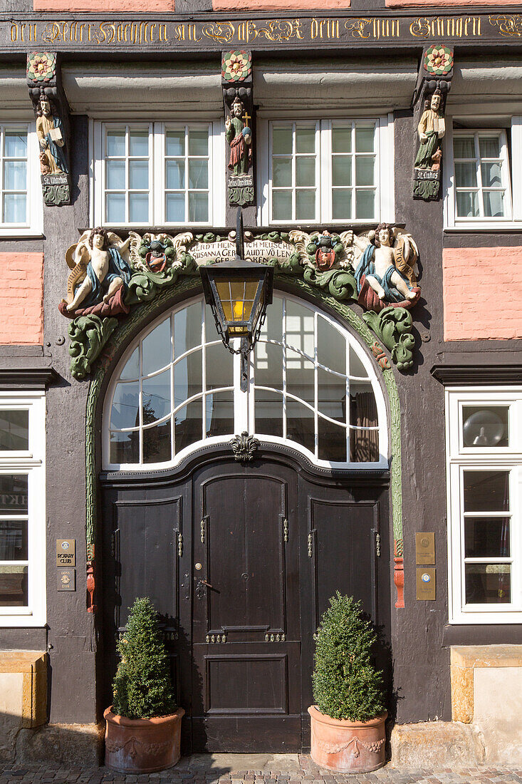 entrance, door of old timber-framed Hotel Walhalla, old town, Osnabrueck Lower Saxony, northern Germany