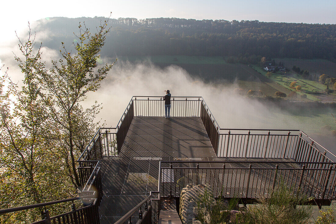 Skywalk, Weser River, fog, mist, Bad Karlshafen, lookout, observation platform, Hessen, Germany