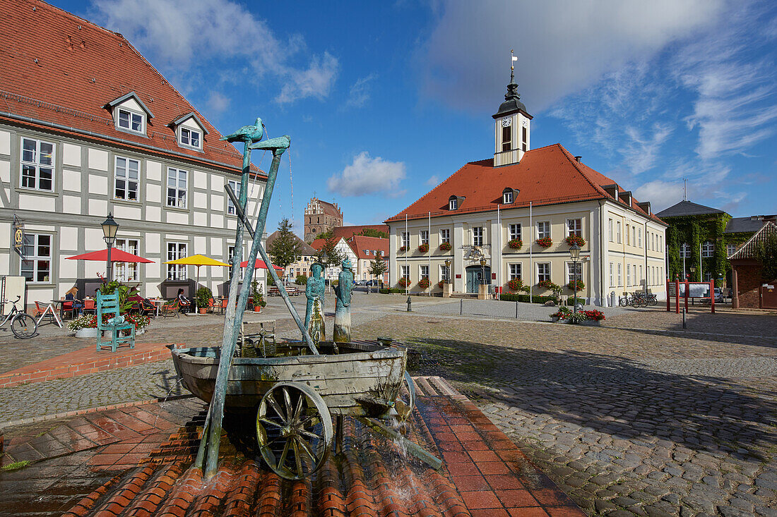 Town hall and market square in Angemuende, Brandenburg, Germany