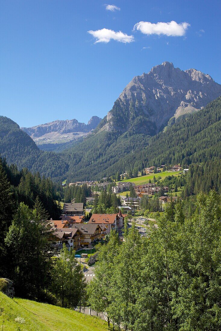 View over town, Canazei, Val di Fassa, Trentino-Alto Adige, Italy, Europe