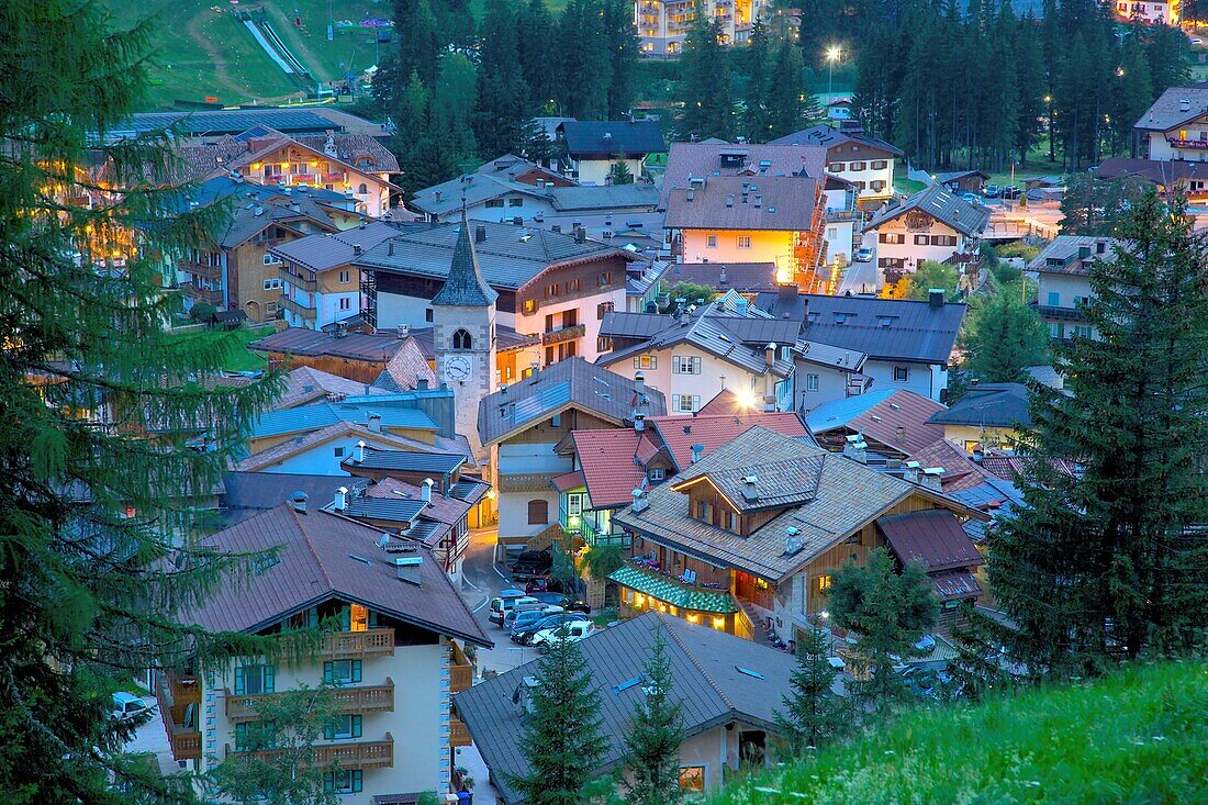View over town at dusk, Canazei, Val di Fassa, Trentino-Alto Adige, Italy, Europe