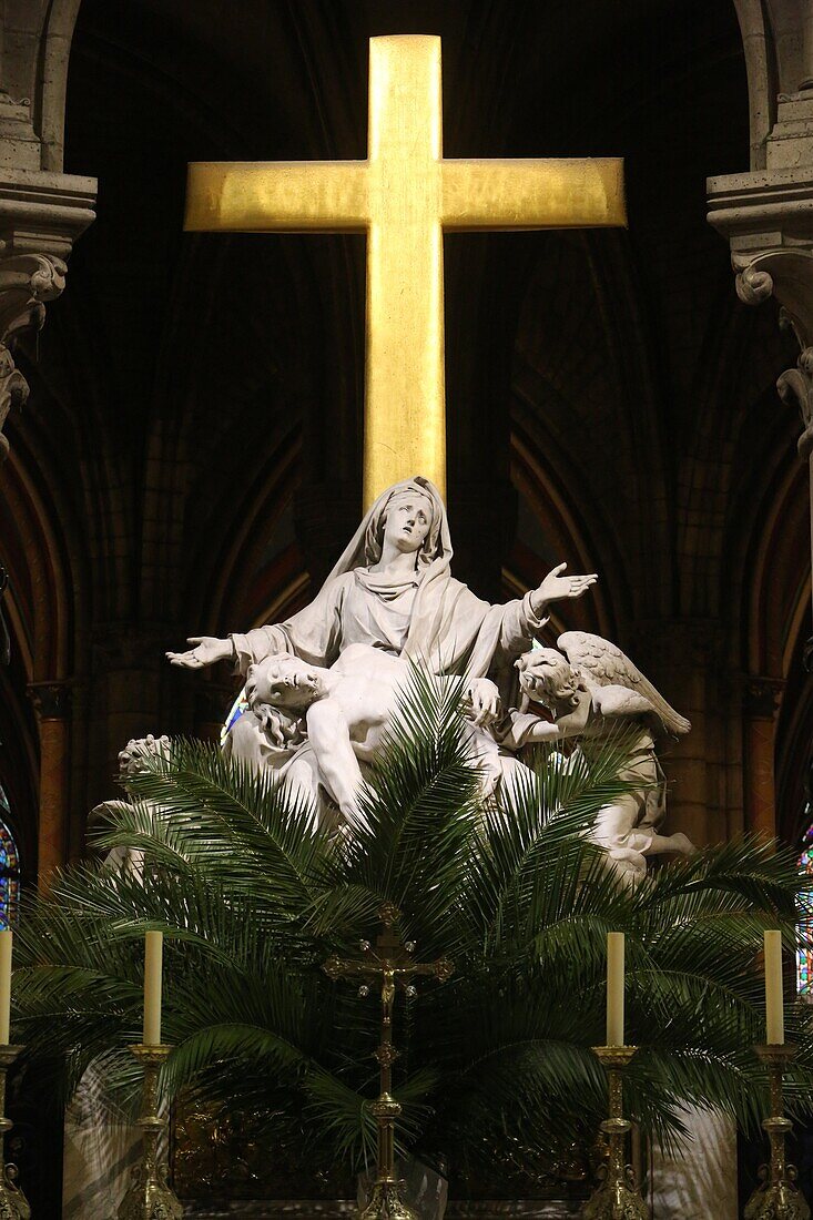 Pieta sculpture on Palm Sunday, Notre Dame Cathedral, Paris, France, Europe