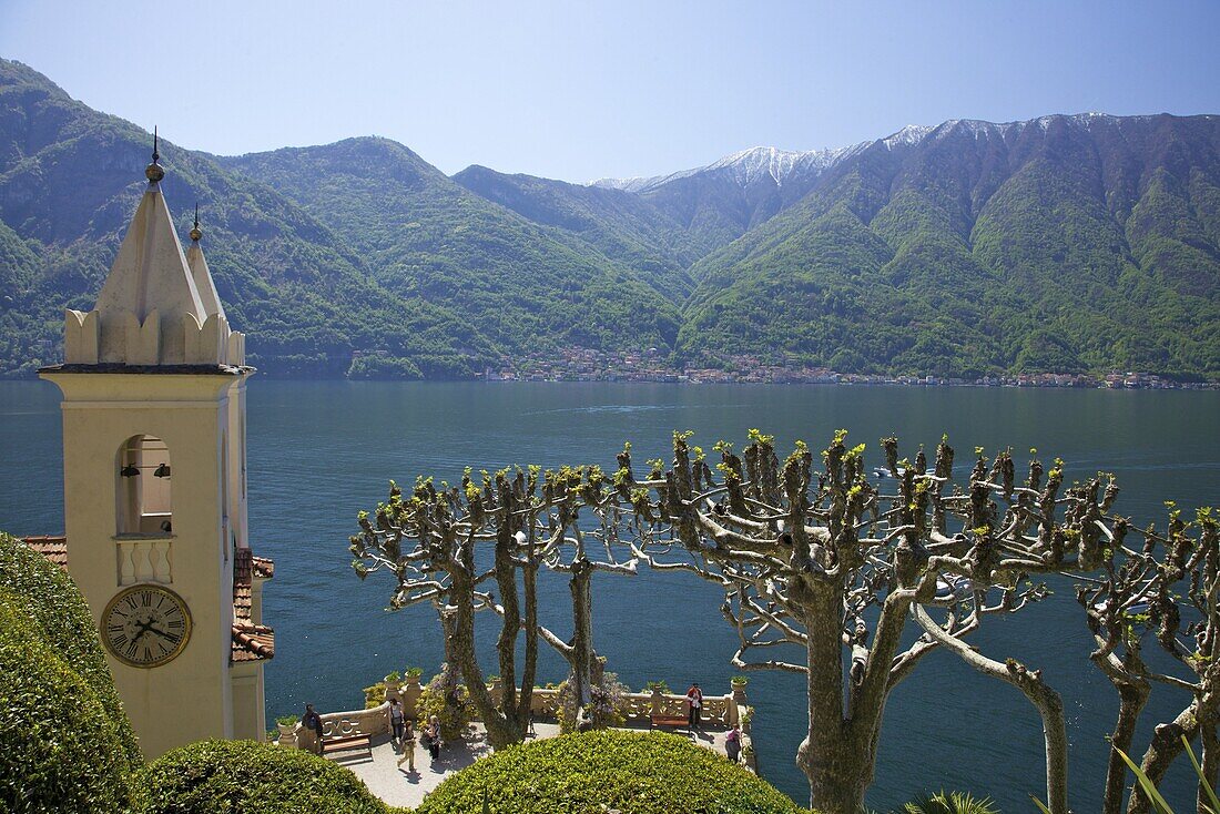Pruned plane trees and chapel of Villa Balbianello, in spring sunshine, Lenno, Lake Como, Lombardy, Italian Lakes, Italy, Europe