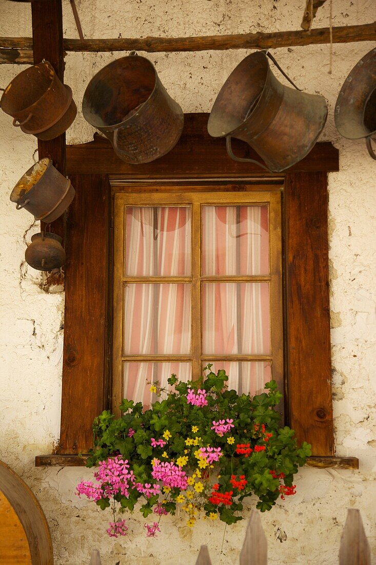 Shuttered windows and flowers, Corvara, Badia Valley, Bolzano Province, Trentino-Alto Adige/South Tyrol, Italian Dolomites, Italy, Europe