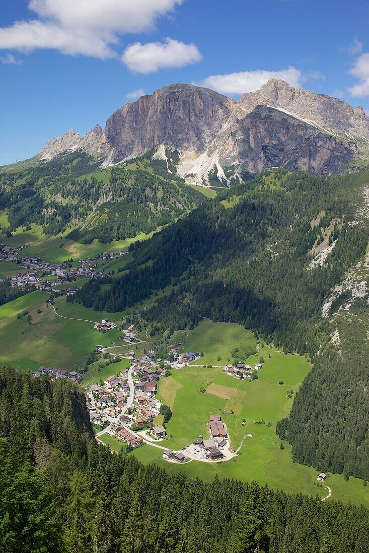 View of Corvara from Col Alto, Corvara, Badia Valley, Bolzano Province, Trentino-Alto Adige/South Tyrol, Italian Dolomites, Italy, Europe