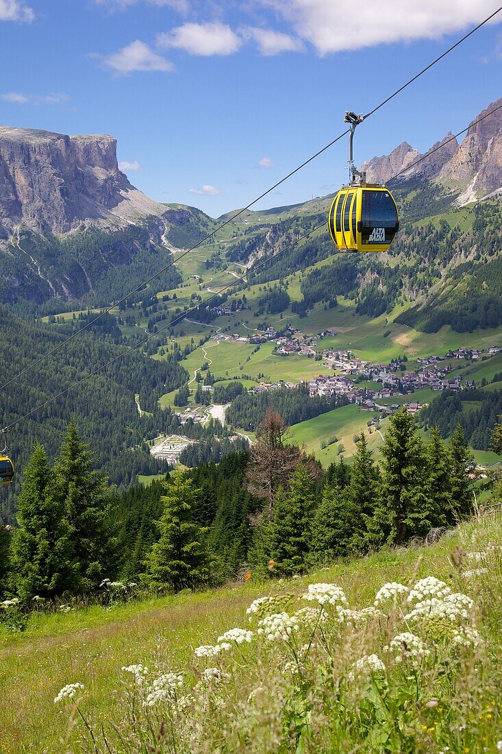 View from Col Alto and cable car, Corvara, Badia Valley, Bolzano Province, Trentino-Alto Adige/South Tyrol, Italian Dolomites, Italy, Europe