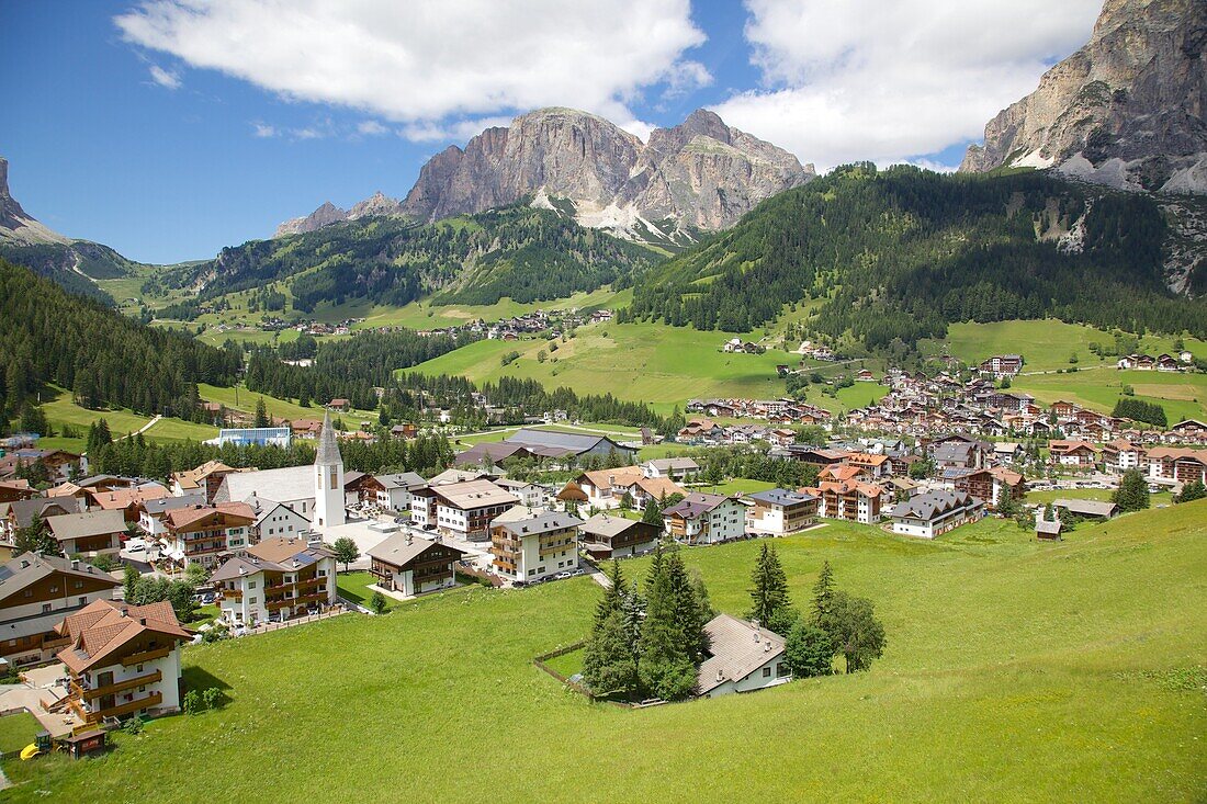 View of Corvara from cable car, Badia Valley, Bolzano Province, Trentino-Alto Adige/South Tyrol, Italian Dolomites, Italy, Europe