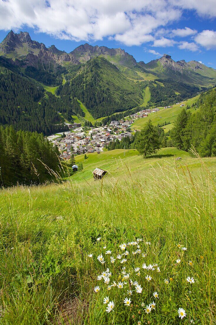 View over town, Arabba, Belluno Province, Trento, Dolomites, Italy, Europe