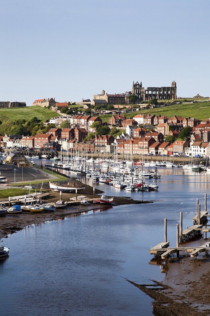 Whitby and the River Esk from the New Bridge, Whitby, North Yorkshire, Yorkshire, England, United Kingdom, Europe