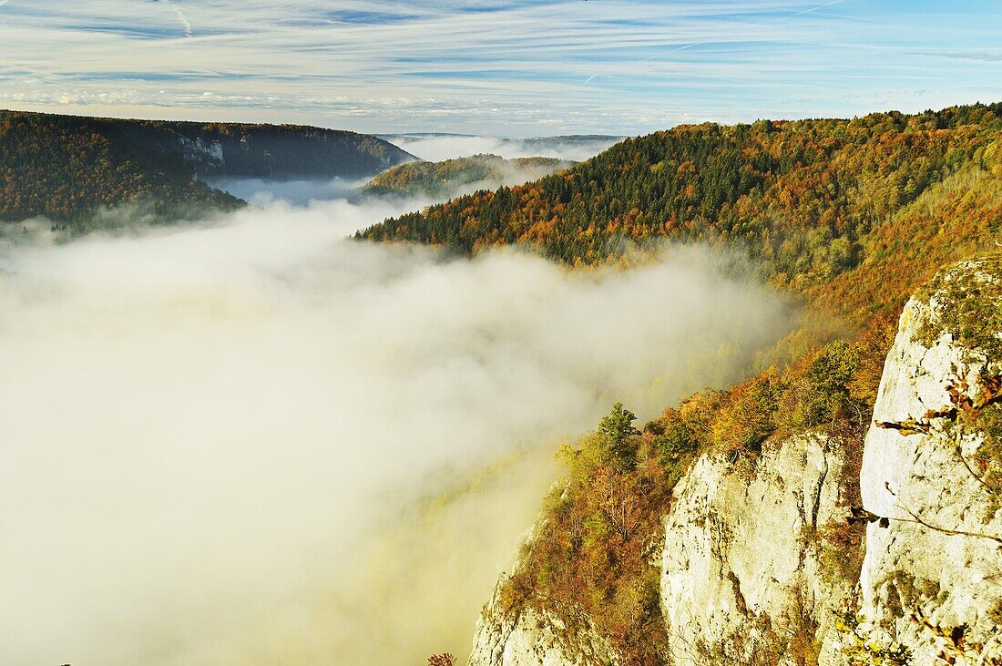 View from Eichfelsen of the Donautal (Danube Valley), near Beuron, Baden-Wurttemberg, Germany, Europe