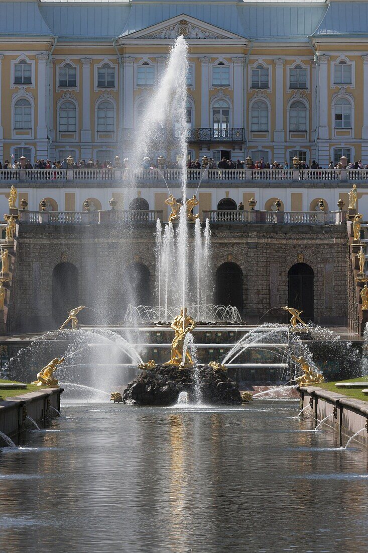 Golden statues and fountains of the Grand Cascade at Peterhof Palace, St. Petersburg, Russia, Europe