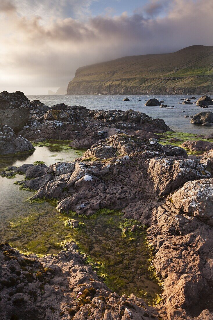 Rockpools on the foreshore on the west coast of Sandoy, Faroe Islands, Denmark, Europe
