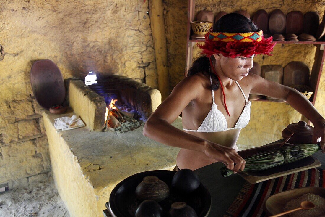 Pataxo Indian woman making food at the Reserva Indigena da Jaqueira near Porto Seguro, Bahia, Brazil, South America