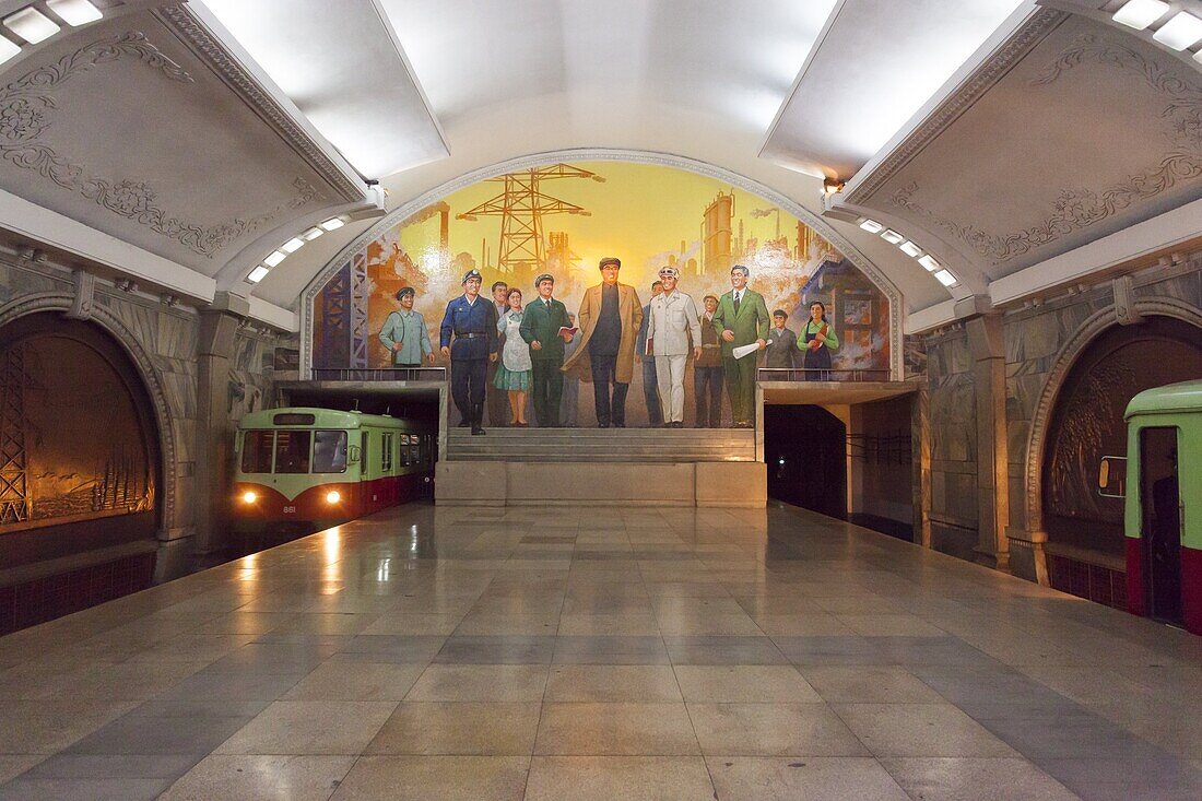 Punhung station, one of the many 100 metre deep subway stations on the Pyongyang subway network, Pyongyang, Democratic People's Republic of Korea (DPRK), North Korea, Asia