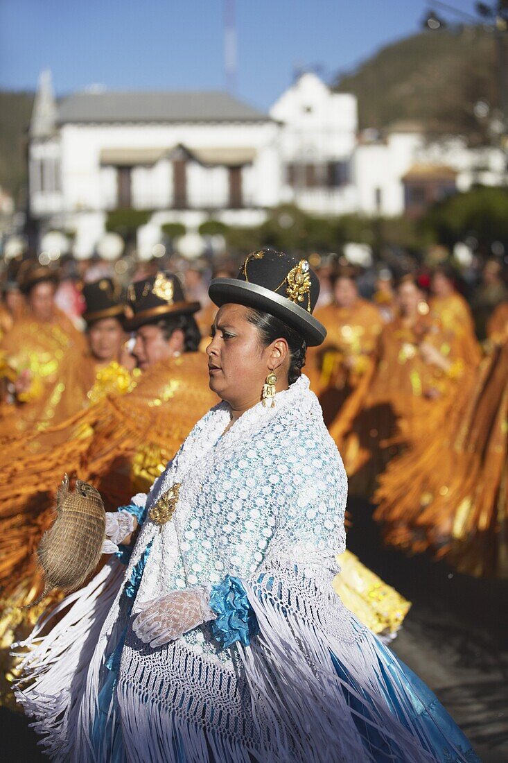 Women dancing in festival in Plaza 25 de Mayo, Sucre, UNESCO World Heritage Site, Bolivia, South America