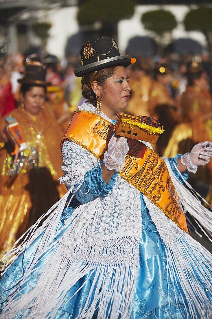 Women dancing in festival in Plaza 25 de Mayo, Sucre, UNESCO World Heritage Site, Bolivia, South America