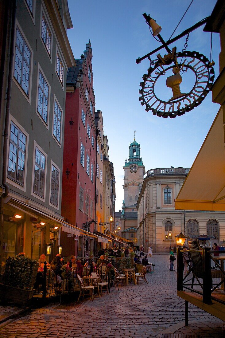 Stortorget Square cafes at dusk, Gamla Stan, Stockholm, Sweden, Scandinavia, Europe