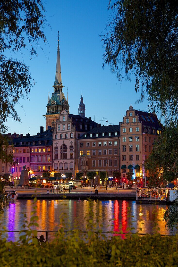 Gamla Stan and Riddarholmen with spire of Riddarholmskyrkan (Riddarholmen Church) at dusk, Stockholm, Sweden, Scandinavia, Europe