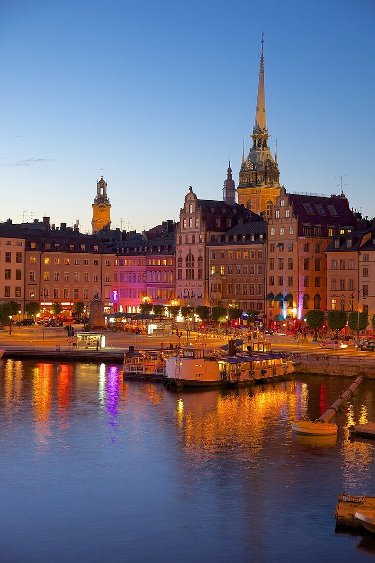 Gamla Stan and Riddarholmen with spire of Riddarholmskyrkan (Riddarholmen Church) at dusk, Stockholm, Sweden, Scandinavia, Europe