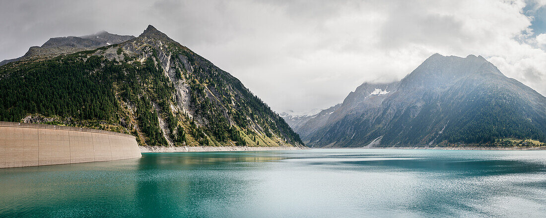 turquoise glacial water at Schlegeis Dam, Zillertal, Tyrol, Austria, Alps