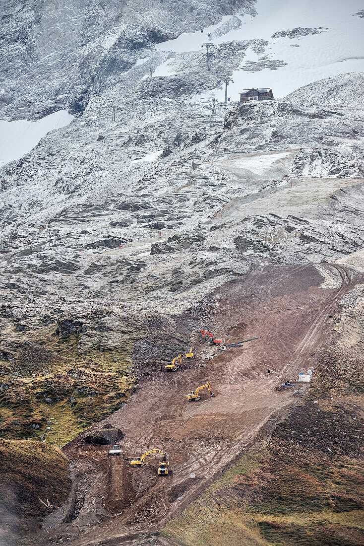constructions with heavy load machinery near Hintertux Glacier, Zillertal, Tyrol, Austria, Alps
