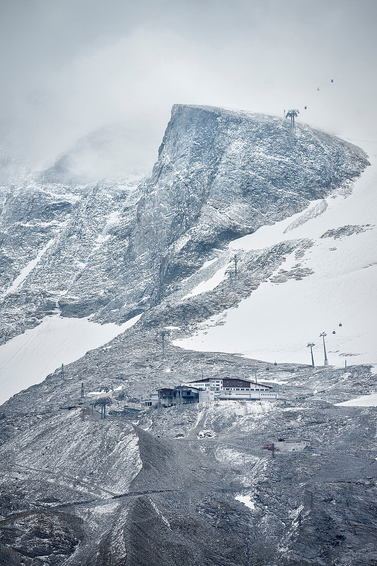View of the mountain hut at Hintertux Glacier, Zillertal, Tyrol, Austria, Alps