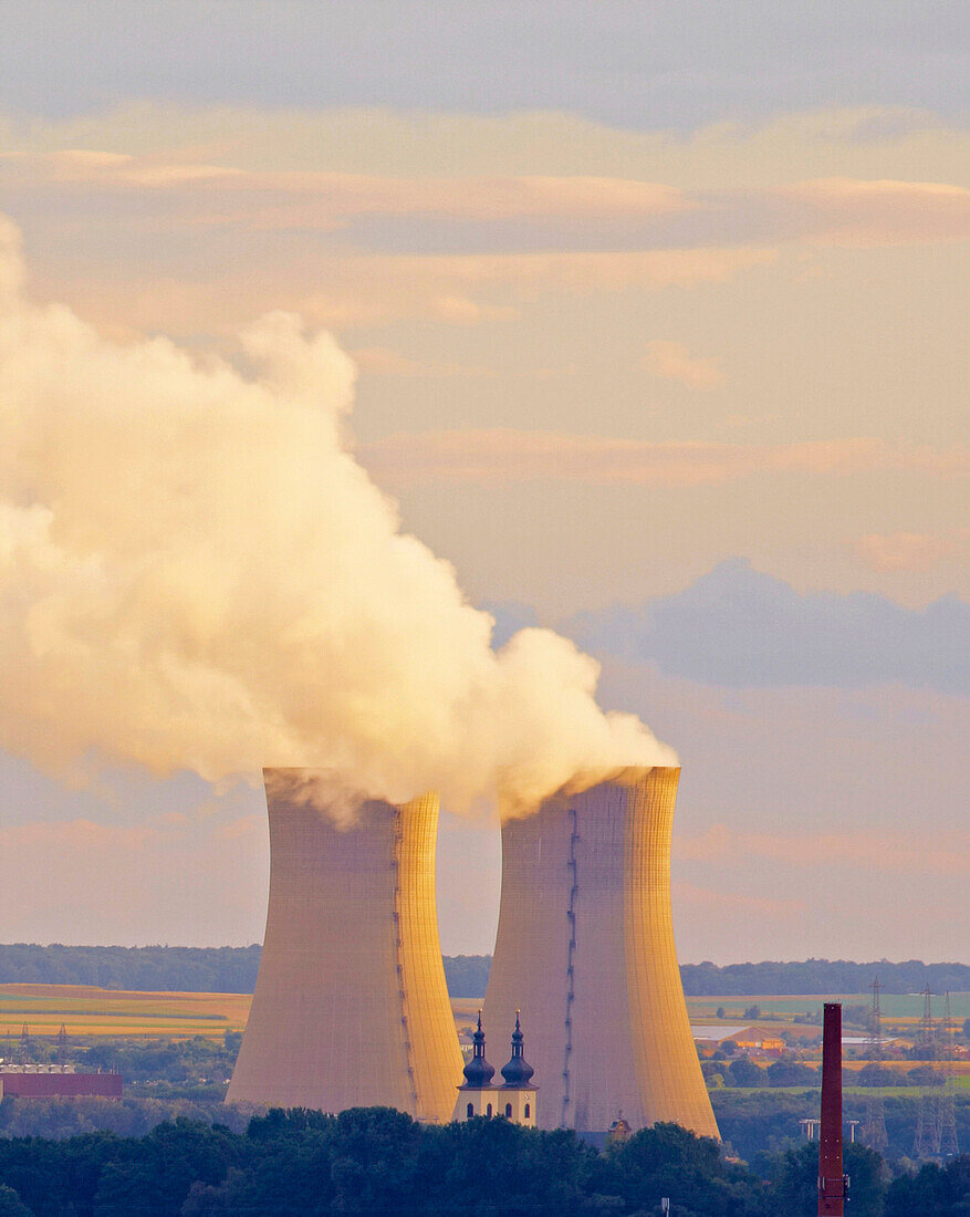 View from the Peterstirn at Grafenrheinfeld church and KKW, Nuclear power station, Schweinfurt, Unterfranken, Bavaria, Germany, Europe