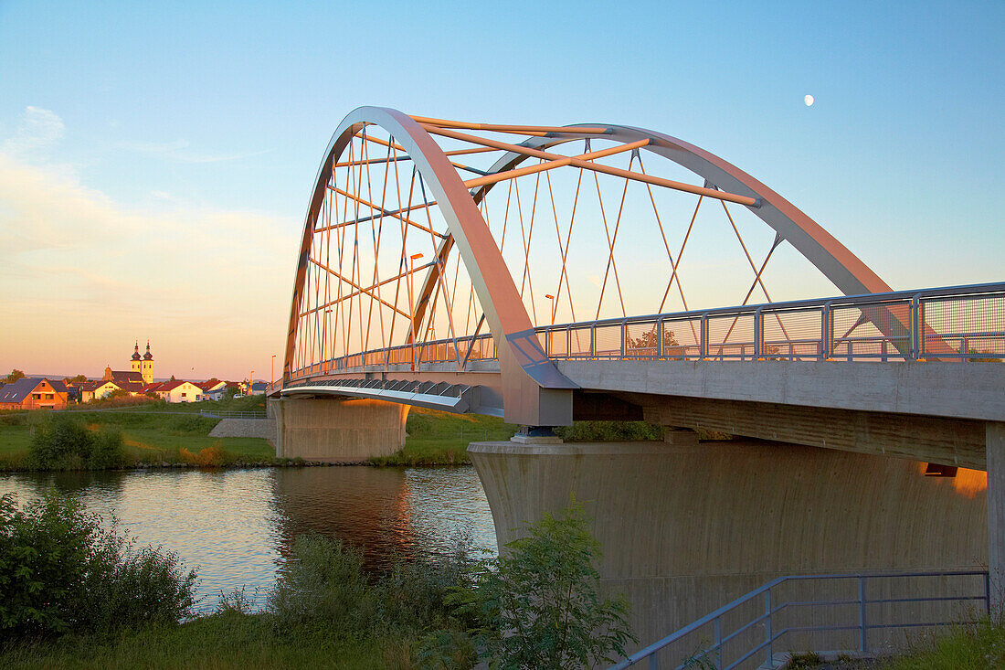 View from Berg- to Grafenrheinfeld with bridge across the river Main and moon, Unterfranken, Bavaria, Germany, Europe