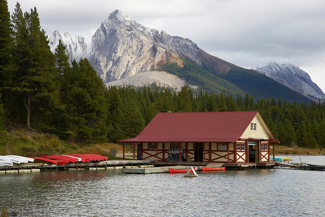 Boathouse at Maligne Lake, Jasper National Park, Rocky Mountains, Alberta, Canada