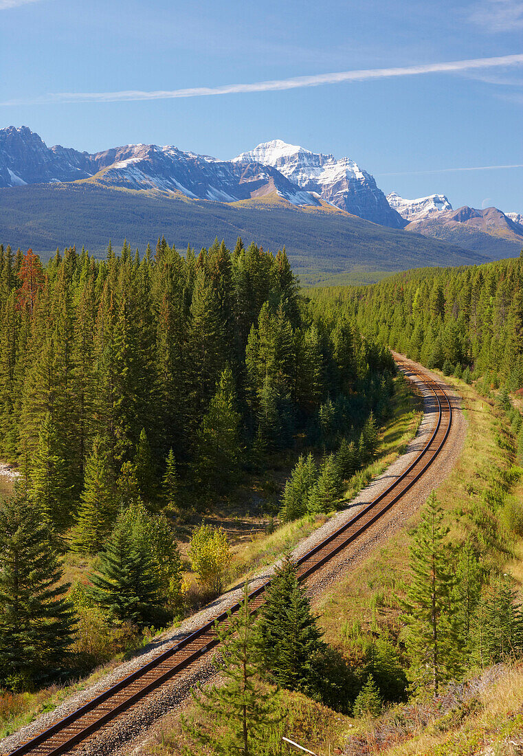 Railway along Bow River, Banff National Park, Rocky Mountains, Alberta, Canada