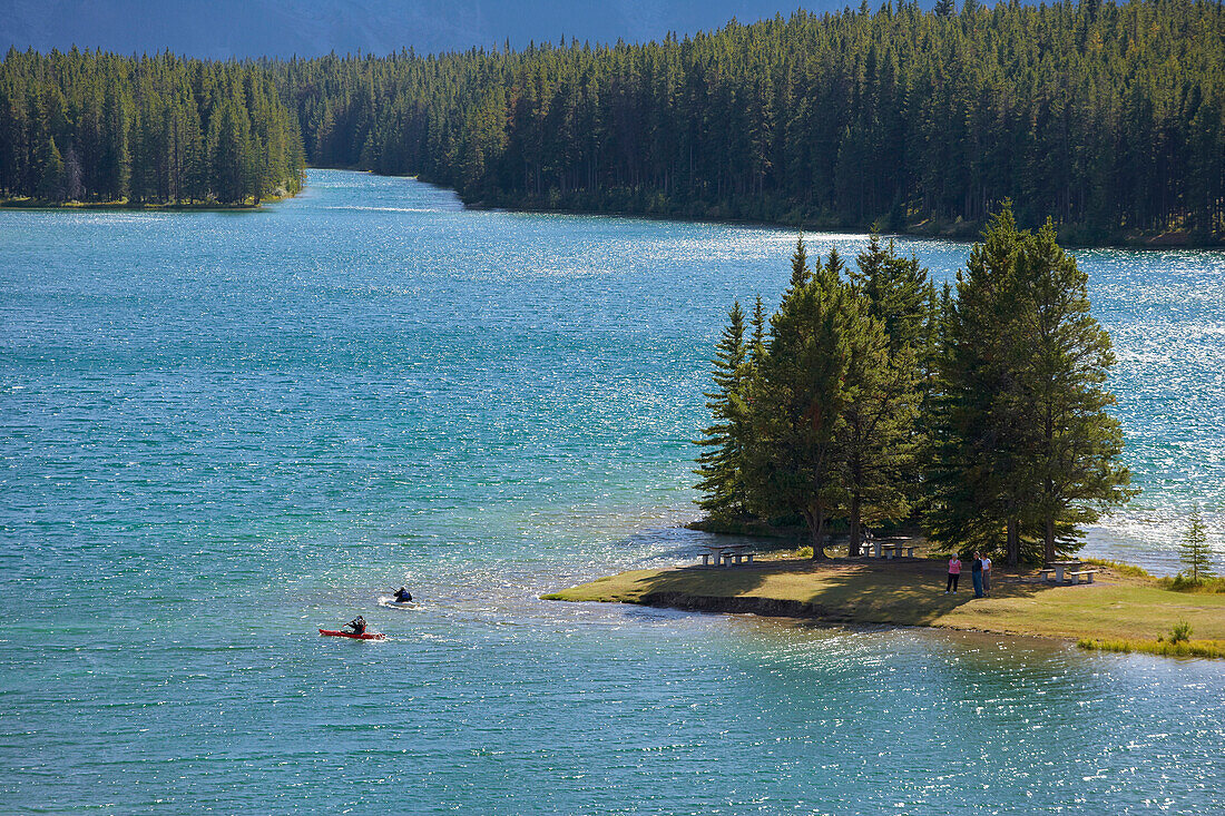 Canoist on Two Jack Lake, Banff National Park, Rocky Mountains, Alberta, Canada