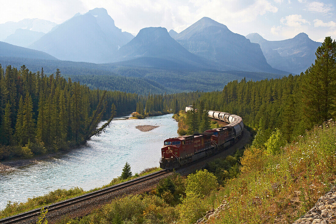 Railway along Bow River, Train, Banff National Park, Rocky Mountains, Alberta, Canada