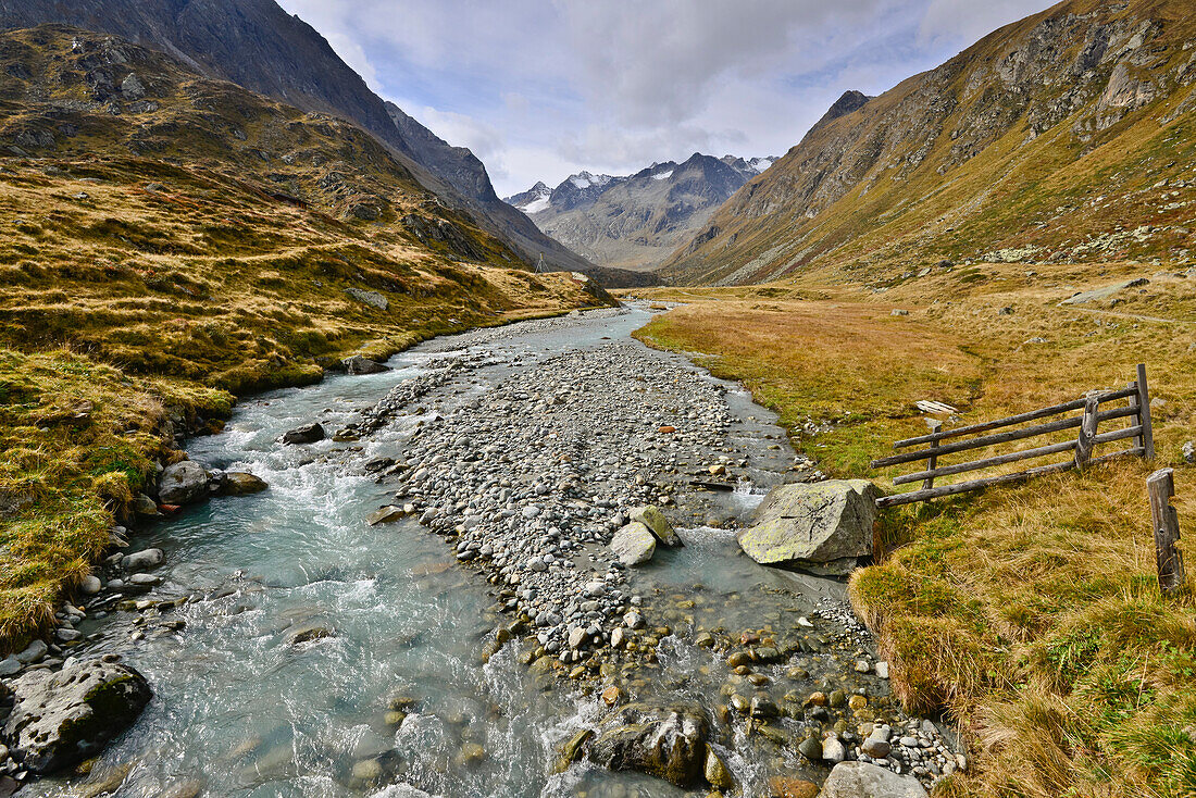 river Alpeiner Bach in autumn, view towards Stubai glacier near Franz Senn hut, Hinteres Oberbergtal, Stubai Alps, Tyrol, Austria, European Alps, Europe