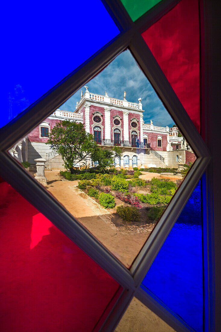 View through coloured window, Pousada, Estoi palace, Estoi, Algarve, Portugal
