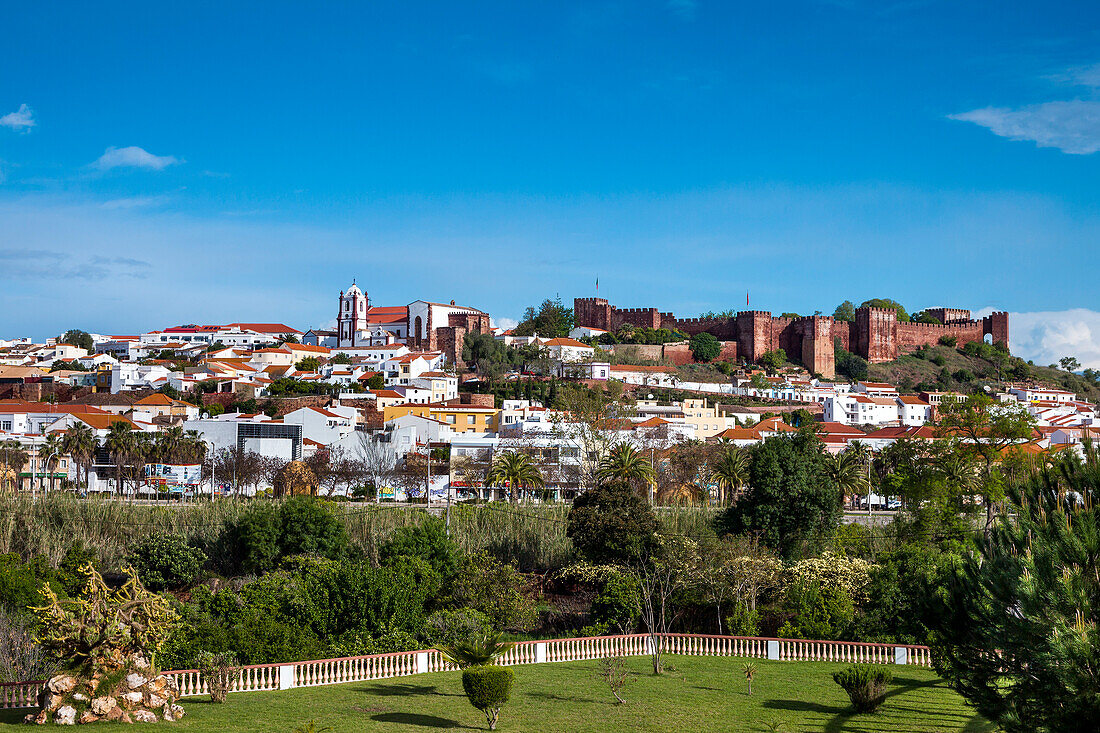 View towards old town, castle and cathedral, Silves, Algarve, Portugal