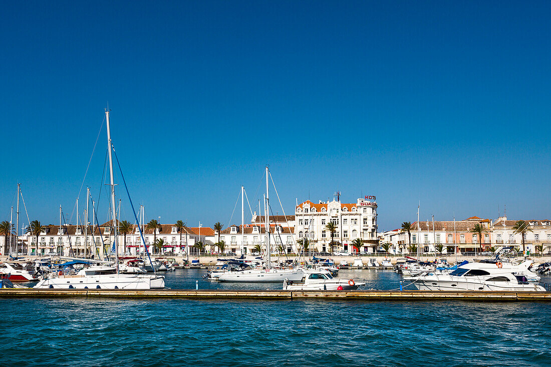 View towards the Marina and town, Vila Real de Santo Antonio, Algarve, Portugal