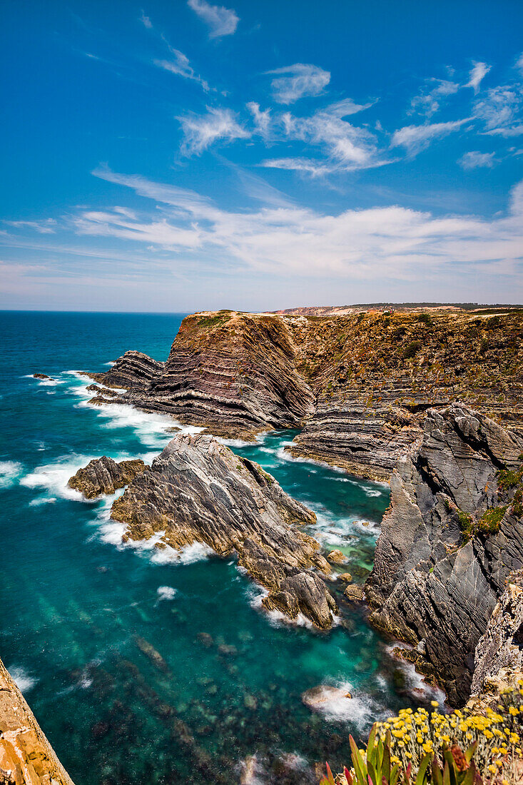 Steep rocky cliffs, Cabo Sardao, Costa Vicentina, Alentejo, Portugal