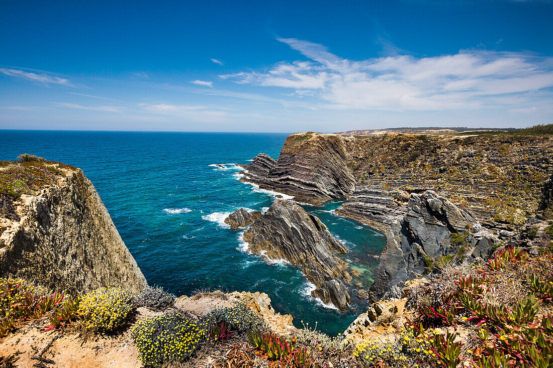 Steep rocky cliffs, Cabo Sardao, Costa Vicentina, Alentejo, Portugal