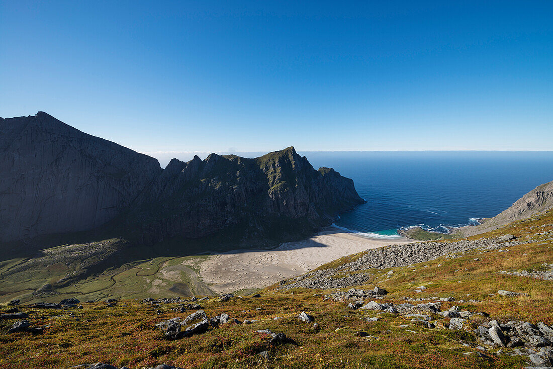 View over isolated Horseid beach, Moskenesøy, Lofoten Islands, Norway